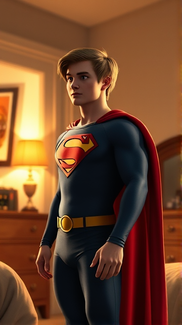 1990's Movie Scene: Jon Kent, AKA Superboy, the young little 12-year old super son of Superman, and the first kid to be born as the world's first Half-Kryptonian child, with an extremely muscular body, the iconic costume, the singular curled bang sticking out at the front of his flat and smooth hair, and a long cape, standing in his bedroom, taking a moment to truly admire his newfound appearance and identity as the world's first Half-Kryptonian.