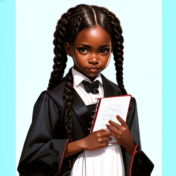 ecoliere en robe agée de 6ans noire avec des tresses africaines tenant un cahier dans ses mains