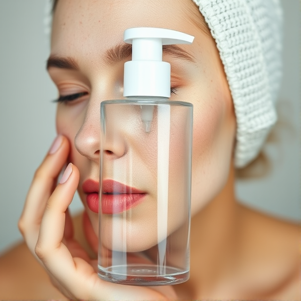 Womans face edited onto a bottle of lotion