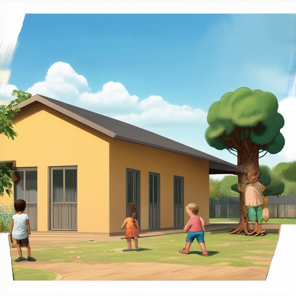 bâtiment d'une école primaire typique en Afrique avec des enfants jouant dans la cour, sous un ciel bleu clair et des arbres à proximité