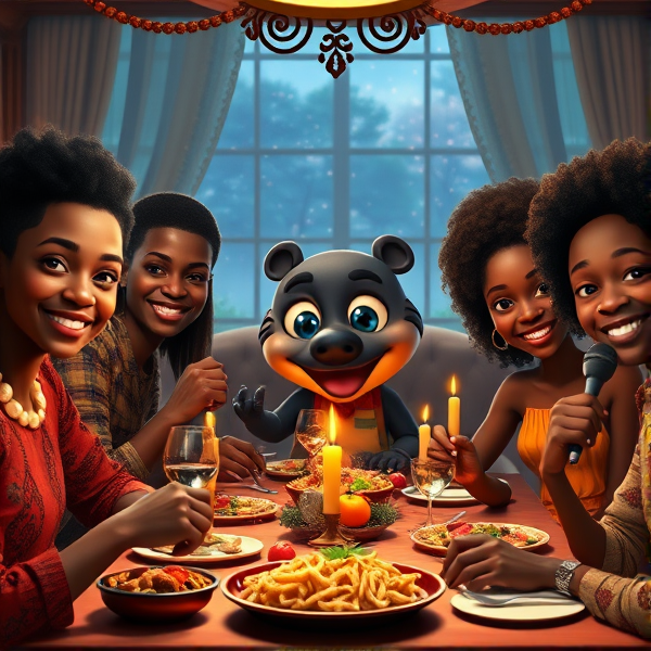 repas chaleureux d'une grande famille afro-américaine réunie autour d'une table festive, sourires et complicité, cuisine traditionnelle, intérieur accueillant