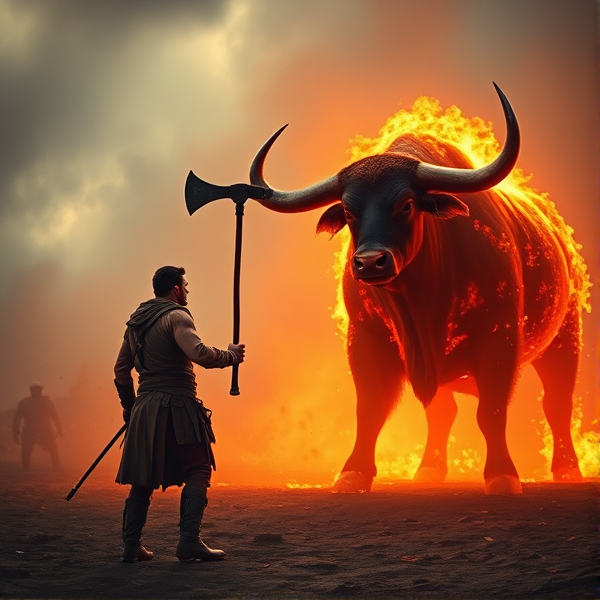 John tomahawk standing before a enormous flaming bull ready for battle