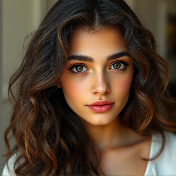 A 20 year old girl with long naturally curly dark brown hair, short eyelashes, high-ish cheek bones, brown eyes, medium thick eyebrows, medium thick lips, slight tan skin, slight natural blush light under eyes. In realism