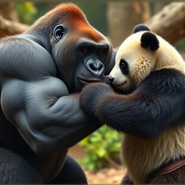 Muscular gorilla arm wrestling a muscular panda bear