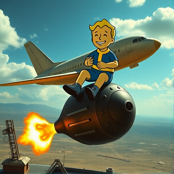 Le personnage vaut boy de Fallout assis sur une bombe nucléaire qui tombe d'un avion, parodie du film docteur folamour