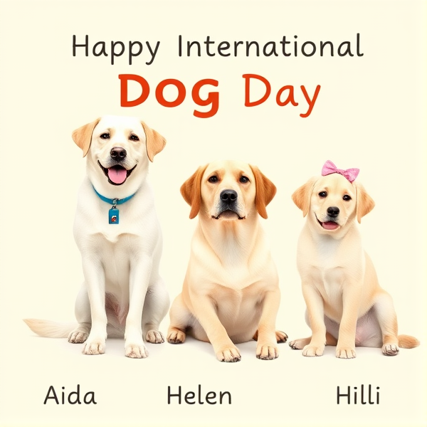 poster with Happy International Dog Day. On bottom Aida, Helen & Hili. The poster has three female dogs. one dog is beautiful white cross-breed labrador and golden retreiver standing with a smile and wagging tail. her blue name tag says Aida. next to her is laying a light colored beautiful labrador with red name tag that says Helen. Helen's ears are long and s bit darker at the bottom. next to Helen sits a beautiful light colored labrador not a puppy smiling with a pink bow in hair and pink name tag Hili.