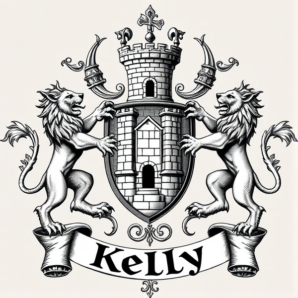 Elaborate heraldic emblem of the Celtic Kelly family crest, featuring a central shield adorned with a detailed castle tower, flanked by two regal lions in rampant posture as supporters, the castle tower and lions are enclosed by the shield. all elements enclosed within an ornate mantling and filigree. A banner below that says Kelly.