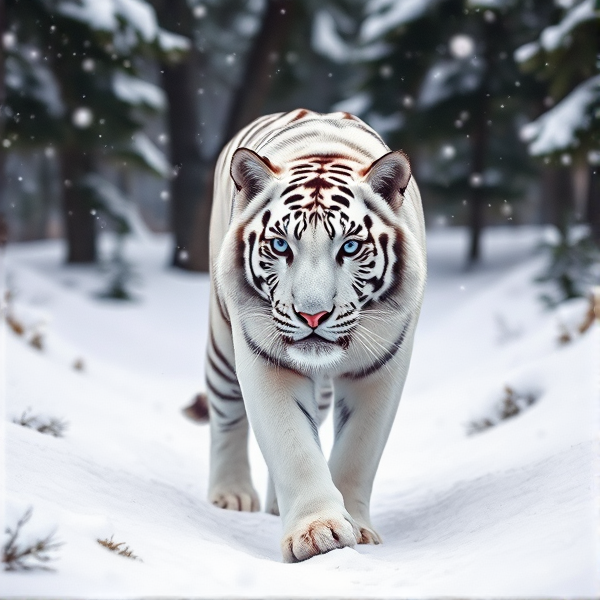 Majestic white tiger with sharp blue eyes walking through a snowy forest, with snowflakes gently falling around and fir trees laden with snow in the background