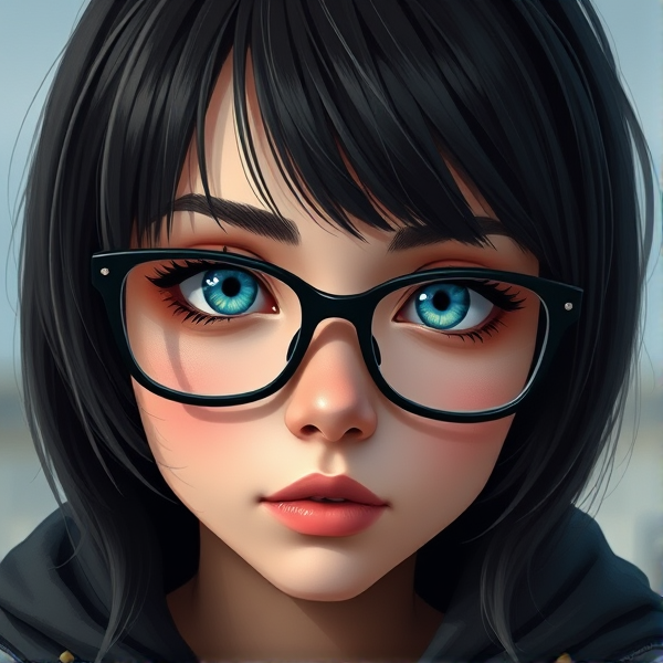 Short black hair, emo teenage girl with big bright blue eyes and wears a black hoodie and large framed black glasses
