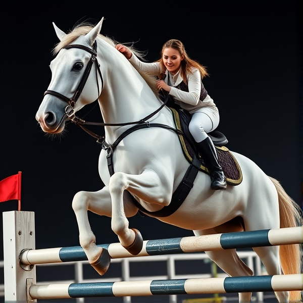 teenage girl riding a big white fancy horse with full gear on over a jump and the horse pulls its knees up to its chin