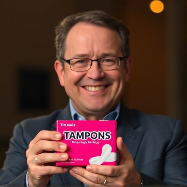 Minnesota governor Tim Walz holding a box of tampons for boys.