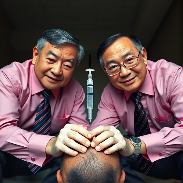 Deux hommes d'affaires chinois  âgés, , sont accroupis en avec des cravates élégantes à rayures bleues et rouges. Ils fixent la caméra avec confiance, une expression sérieuse sur leur visage, tout en tenant fermement une seringue plantee dans une tête non visible dans le cadre. La photographie est prise en contre-plongée pour mettre en évidence leur posture imposante. Leurs chemises sont d'une teinte rose  et ils affichent un sourire contraint qui trahit une certaine froideur.