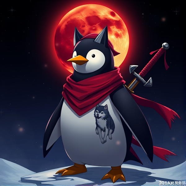 Pingouin maitre de l'éclipse lunaire et avec un écharpe rouge autours du cou et avec deux épées dans le dos et avec une tenue de pirate et avec un tatoo en forme de loup sans chapeau