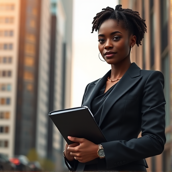 young African woman dressed in a stylish business suit, confidently holding a binder in her hands against an urban backdrop