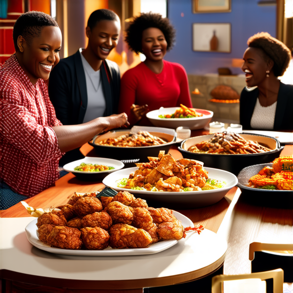 Repas de famille afro-américaine chaleureux et convivial, avec un grand assortiment de plats traditionnels soul food sur une grande table en bois, entourée de membres de la famille riant et partageant des moments ensemble dans une salle à manger bien éclairée et décorée pour l'occasion