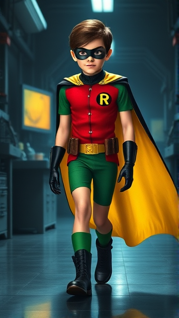 Movie Scene: A medium, preteen 12-year old boy with light skin and dark brown hair named Connor Bardley, but dressed as Robin, The Boy Wonder, with an extremely muscular body, a sleek green suit with a red torso with a black circle with a yellow R symbol on his left pectoral, a gold utility belt, black boots, black long-cuffed gloves, a really big, heel-length long, ultra-wide cape that's black on the outside and yellow on the inside, and a black eye mask. He has a special code: HE DOES NOT KILL. Young 12-year old Connor Bardley, now Robin, The Boy Wonder, is seen walking through a dark laboratory at night, looking for clues to the mystery he is trying to solve.