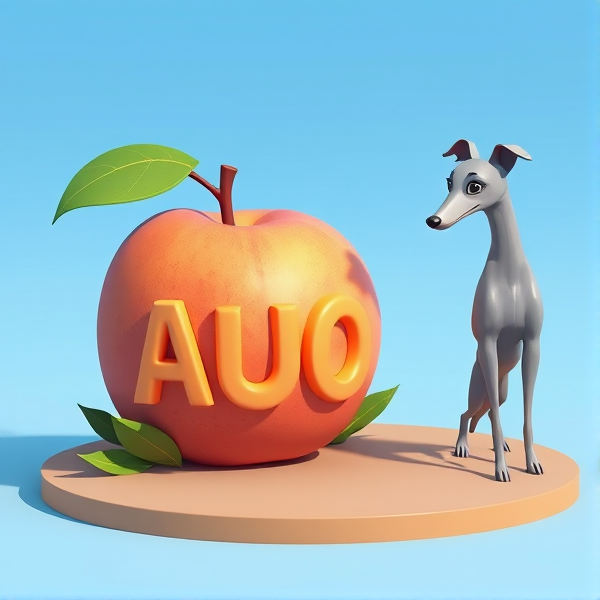 Big ripe peach in the landscape with the letters "AUO" carved out. with a sleek Italian greyhound perched alongside, set against a clear blue sky.