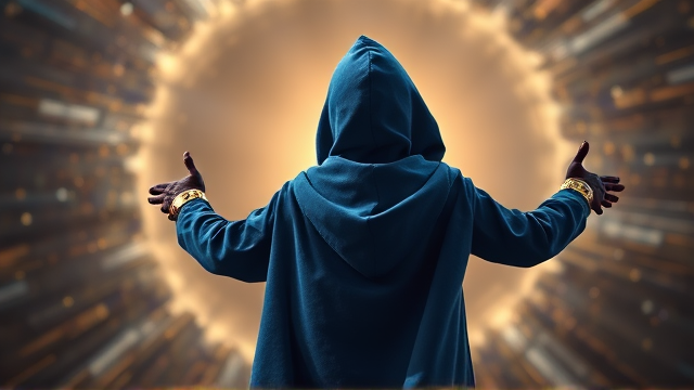 Back angled view of a little boy disguised and transformed into a mysterious blackened and shadowy figure with superpowers wreathed in a big blue hooded cape draped around his obscured body, calling himself the Chosen One, only being seen by his hooded and caped backside, flying through an interdimensional vortex, with 50 magical golden Power Rings on his arms in front of him, 25 each covering them both, on his way back to Earth so he can confront the villain responsible for banishing him.