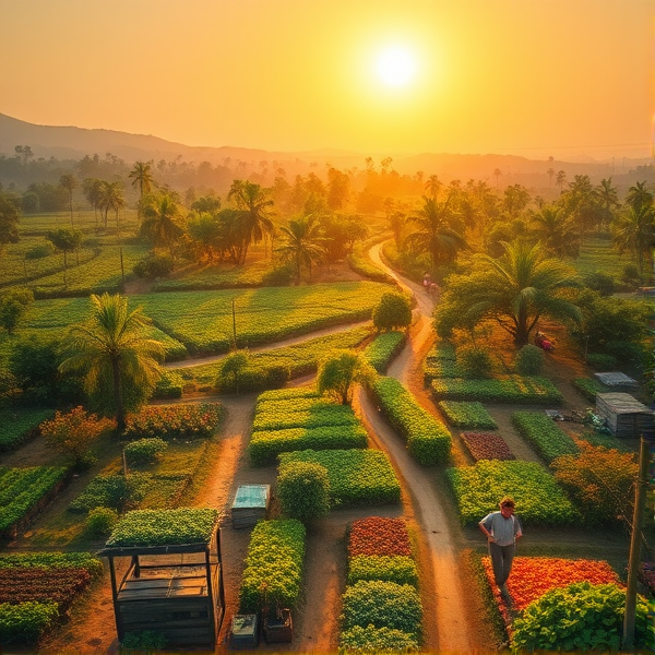 Un système d'agroforesterie prospère et joyeux sous un soleil éclatant, intégrant harmonieusement des arbres fruitiers luxuriants, des cultures vivrières en abondance et une diversité d'animaux de ferme, avec des agriculteurs souriants récoltant les fruits; le tout capturé dans un style réaliste ultra-détaillé mettant en avant la lumière dorée du matin qui illumine la scène, prise depuis une vue aérienne montrant l'étendue et la richesse de l'écosystème