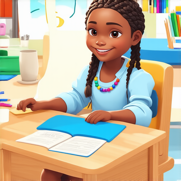 Jeune fille africaine de 8 ans vêtue d'une robe bleu ciel, coiffée de tresses africaines complexes avec des perles colorées, affichant un large sourire éclatant, assise sur une chaise d'écolier face à un bureau en bois clair, dans une salle de classe ensoleillée et bien éclairée, avec des fournitures scolaires et des dessins d'enfants visibles en arrière-plan