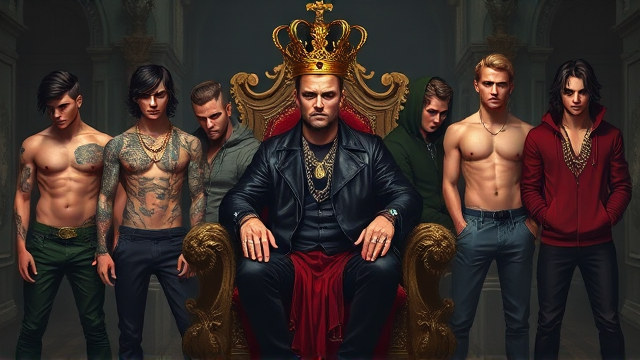 Seven young men personify the seven deadly sins in a symbolic tableau. In the center, Pride reigns supreme, seated on an ornate throne akin to that of a monarch, adorned with regal robes and a crown that glistens with gems. Wrath exudes menace, cloaked in a black leather jacket and matching pants, his skin etched with intricate tattoos and punctuated by metallic piercings. Greed flaunts opulence in designer attire dripping with jewelry; rings sparkle on every finger, complemented by a heavy gold chain around his neck. Envy assumes the guise of an enigmatic wanderer, casting covetous glances towards his companions while cloaked in subtle green tones. Gluttony presents a paradoxical figure: svelte yet dressed in snug-fitting clothes that speak to an endless hunger unsatisfied by mere physical sustenance. Lust smolders with sensual intent, garbed in provocative attire designed to tempt and tantalize, tongue lasciviously exposed. Lastly, Sloth embodies lethargy, slumped casually in oversized hoodie and sweatpants while listlessly rubbing weary eyes as if struggling against the pull of sleep