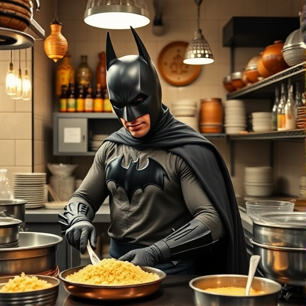 Batman dressed in a traditional Moroccan chef's attire, diligently preparing couscous in the bustling kitchen of an affordable, authentic Moroccan eatery