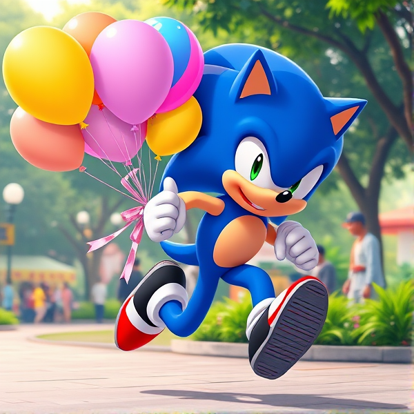 Sonic the Hedgehog in dynamic running pose, clutching a vibrant bouquet of assorted 16-inch balloons, set against the backdrop of a lively park scene, rendered in vivid anime style