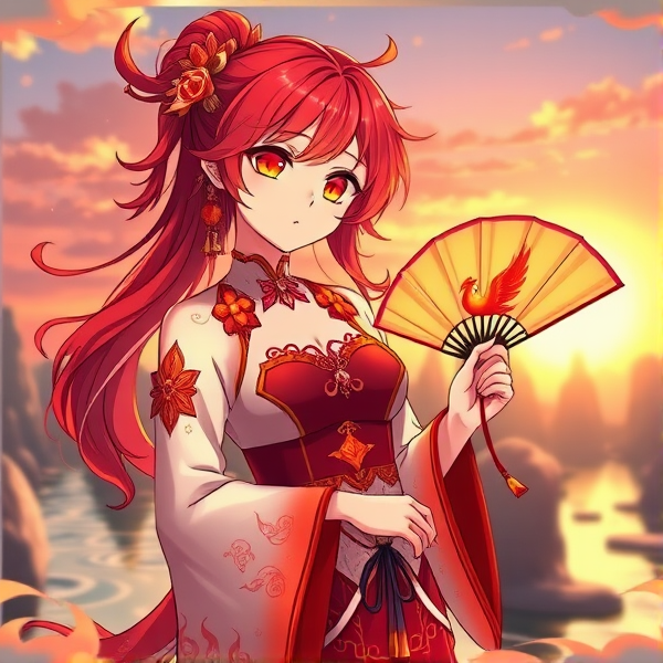 Anime girl with vibrant red hair and amber eyes, dressed in traditional Liyue attire with Pyro vision elements such as flame motifs and glowing red accents, standing confidently with an elegant fan that has a phoenix design, amidst a backdrop of Lihua Pool's stone formations at sunset