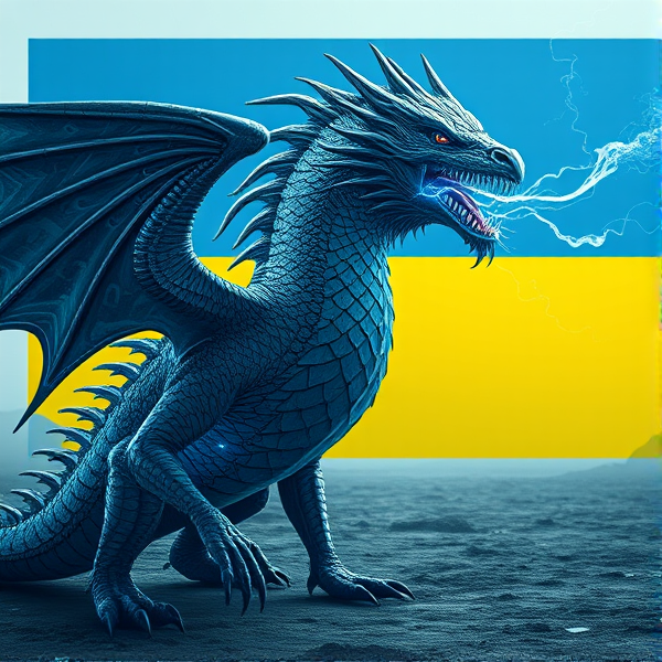 An intricately designed, streamlined wyvern, with a wing on each side of its body. The dragon's scales are a masterpiece of detailed circuit patterns that shimmer with a lifelike electrical pulse. From its nostrils, ethereal streams of digital smoke curl upwards, timed with the deep, resonant roars that showcase its electrified sharp fangs. As a respectful nod to tribute and unity, incorporate elements of the Ukrainian flag within the composition. This majestic creature resides in a desolate post-apocalyptic landscape that accentuates its powerful presence. In the background is the Ukrainian flag, a rectangle, with the top half blue and the bottom half yellow.