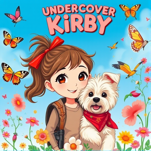 Bright, whimsical book cover design showcasing a spirited 10-year-old girl with a bouncy brown ponytail secured by a cherry-red ribbon, her small round eyes twinkling with mischief and wonder. The protagonist is center-stage on an exuberant quest, the background a beautiful blue sky.  Surrounding her are playful elements that resonate with girls her age: iridescent butterflies dancing in the air, lush, multicolored flowers blooming wildly at her feet, and charming birds with elaborate plumage. Accompanying her is a joyous blonde long-haired Maltese terrier, its floppy ears framing a face full of affection as it gazes at the girl; around its neck is a crimson bandana that flutters in the breeze. The scene pulses with the thrill of childhood adventures—look for an intricately detailed compass clutched in the girl's hand, binoculars draped around her neck, and intriguing hidden paths that invite secret explorations. Bold, playful typography leaps off the cover, spelling out "Undercover Kirby" in letters designed to spark imagination and convey a sense of exhilarating fun. Opt for an art style that echoes realistic hand-drawn illustrations to capture this timeless narrative of curiosity and discovery. The girls eyes should proportionate to face, not cartoon style. Dog has long ears that hang down