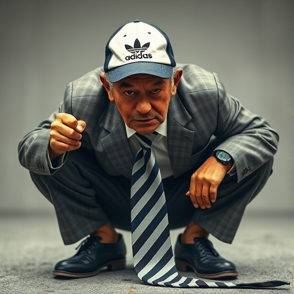 Vieux Homme d affaires japonais  accroupis , avec une casquette adidas    , une très longue cravate rayée jusqu’au sol, avec un regard furieux  victorieux, puissant , sans pitié   .