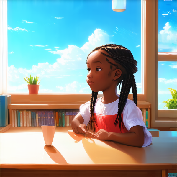 jolie petite fille noire de 8ans en robe avec des tresses africaines assise sur un bureau dans une salle de classe