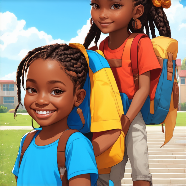 Jeune fille africaine de 8 ans portant des tresses africaines élaborées et un sourire joyeux, debout fièrement avec un cartable coloré sur le dos devant les marches d'une école primaire, sous un ciel bleu clair d'après-midi.