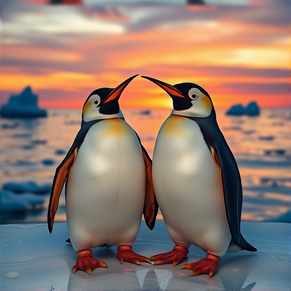 Two anthropomorphic penguin lobsters, each with the intricate detailing of a lobster's exoskeleton combined with the charming characteristics of a penguin, such as flippers and a white belly. They are surrounded by a romantic sunset backdrop at the edge of an icy sea. Small icebergs float in the distance.