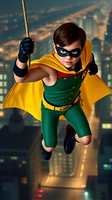 Movie Scene: A medium, preteen 12-year old boy with light skin and dark brown hair named Connor Bardley, but dressed as Robin, The Boy Wonder, with an extremely muscular body, a sleek green suit with a red torso with a black circle with a yellow R symbol on his left pectoral, a gold utility belt, black boots, black long-cuffed gloves, a big, heel-length, ultra-wide cape that's black on the outside and yellow on the inside, and a black eye mask, swinging from the rope of his grappling hook over the city at night, ready to fight crime and save the day.