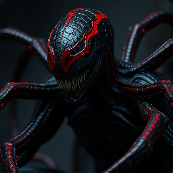 Symbiote noir et rouge aux textures organiques détaillées, avec des reflets luisants donnant une impression de viscosité, enveloppé dans des tentacules dynamiques et expressifs qui s'étendent, accentuant un aspect menaçant et puissant. L'ambiance générale est sombre et mystérieuse, éclairée uniquement par des sources de lumière naturelles faibles qui mettent en valeur le contraste entre les teintes noires profondes et les touches rouge sang du symbiote. Des effets de texture comme de petits motifs écailleux ou fibreux sont visibles sur la surface du symbiote, rendant la créature encore plus réaliste et terrifiante.