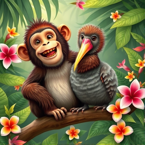 A whimsical fusion of a monkey and a kiwi bird in a tropical setting, with the monkey's playful expression and the kiwi's unique beak, perched together on a lush branch surrounded by vibrant foliage and flowers