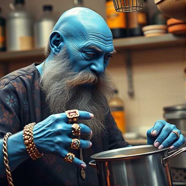 Cool old lizard blues singer with blue skin, man's head, huge beard. In kitchen Pouring Gravy from a pot. Big rings and jewellery