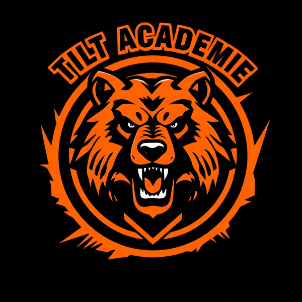 Logo d'équipe de soccer dynamique avec un grizzly féroce comme emblème central, couleurs dominantes orange et noir, forme circulaire avec une bordure noire épaisse, texte "Tilt Académie" en caractères audacieux et modernes sur le haut du cercle, fond stylisé évoquant le mouvement et la passion du sport, des éléments de football subtils intégrés dans le design