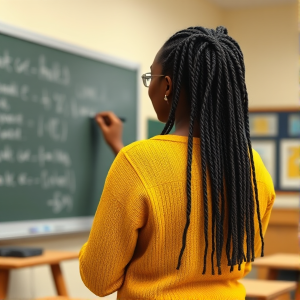 Une enseignante noire âgée de quarante ans coiffée de tresses africaines traditionnelles, portant un pull jaune  se tient le dos tourné en train d'y écrire à la craie blanche au tableau dans une salle de classe