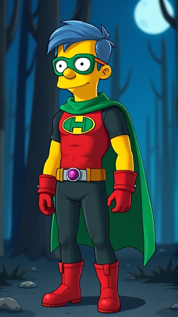 Milhouse Van Houten from The Simpsons, with his yellow skin, really big round nose, and blue hair that's slicked back and curled up at the top, but as a tall, 18-year old teenager, dressed as a parody of Robin, The Boy Wonder, with an extremely muscular torso and arms, a dark green bodysuit with a red torso adorned with a green H symbol on his chest, a grey utility belt, red boots, red long-cuffed gloves, a big, heel-length long, ultra-wide green cape, and a green eye mask with optical lenses in it, now known as Houseboy, The Nerd Wonder, the other half of Springfield's Dynamic Duo, and one of the greatest vigilante superheroes ever known in Springfield. He is currently standing in the forest at night, taking a break from his heroic duties to reflect on his growth and transformation into the vigilante he has become.