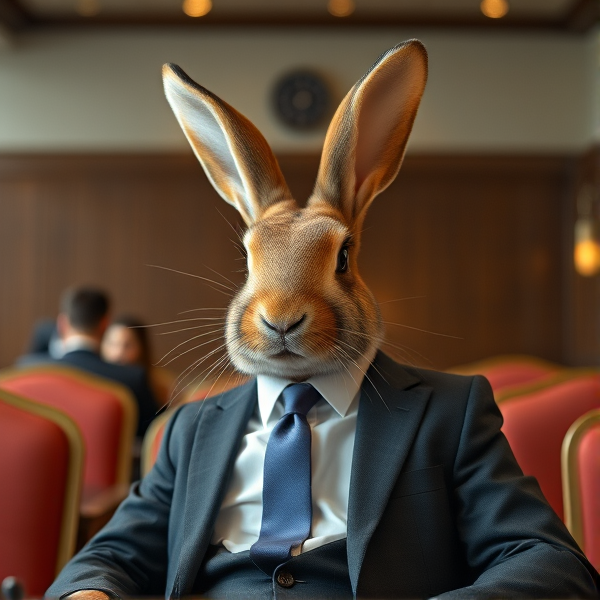 a rabbit in a suit in a meeting