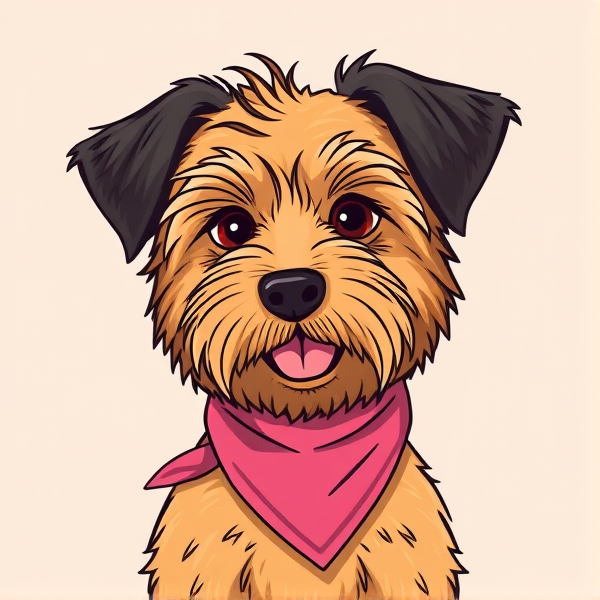 a cartoon of a tan tibetan terrier dog with black ears and a pink bandana