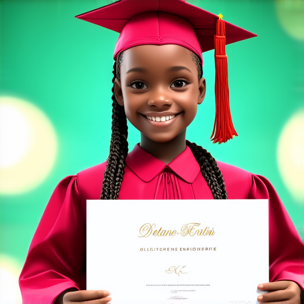 jeune fille noire de huit ans avec des tresses africaines traditionnelles, habillée élégamment pour une cérémonie de remise de diplôme, tenant son certificat, souriante et fière