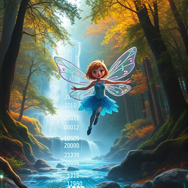 A whimsical cybernetic fairy winking playfully as she flutters amidst a high-tech mixed reality forest, with photorealistic trees seamlessly blending into digital code streams. The fairy is donning a futuristic outfit with iridescent wings reflecting the intertwining of natural and virtual worlds. In the background, an ethereal holographic waterfall glows, cascading down into a digital river flowing with luminescent binary numbers. The lighting is a harmonious mix of warm natural sunlight filtering through the canopy and cool, artificial neon accents from the tech elements. The camera angle is a dynamic low shot looking up at the fairy to capture her in mid-wink against this enchanting mixed reality landscape in an ultra-high-definition oil painting style