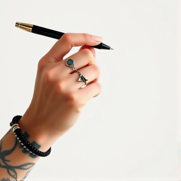Une main de femme avec des tatouages sur les doigts de profil et avec des bracelets et des bagues qui tient un logo d’éclair comme si elle tenait un stylo et qu’elle était entrain d’écrire