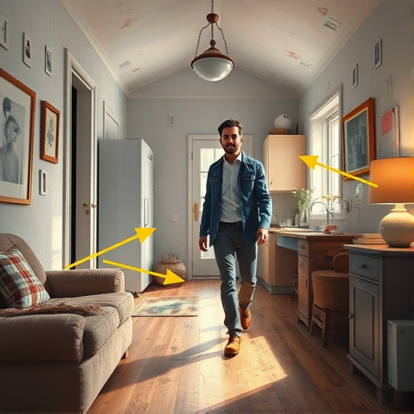 Asbestos material locations in a standard house with an asbestos assessor walking through the home arrows pointing to Asbestos materials.
