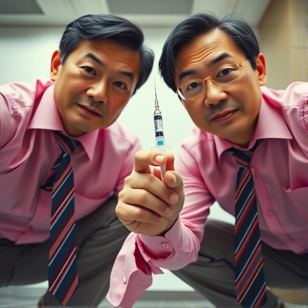 Deux hommes d'affaires japonais senior , vêtus de chemises roses, sont accroupis. Ils arborent des cravates longues et soyeuses avec des rayures bleues et rouges. Leurs regards sont fixes, pénétrants et pleins d'assurance vers l'objectif de la caméra. L'un des hommes tient une seringue pointée délicatement vers la tête de l'observateur comme s'ils allaient injecter quelque chose dans le cerveau. La prise de vue est en contre-plongée pour accentuer leur présence imposante