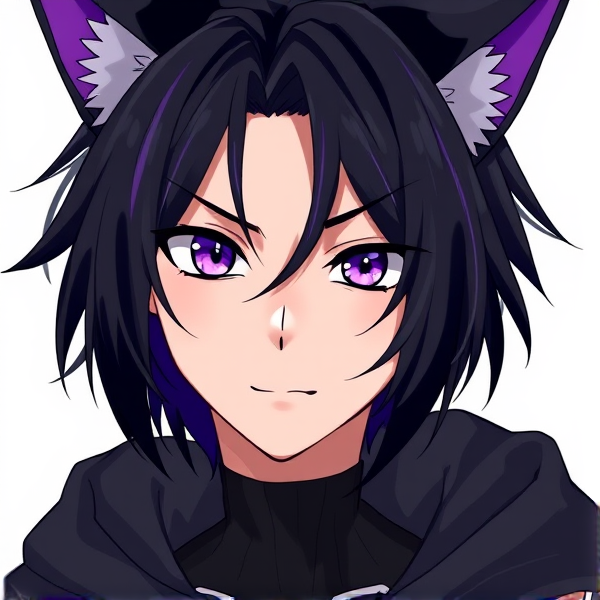 My hero academia oc. Black hair. Purple eyes. Male. Black cat ears with purple insides