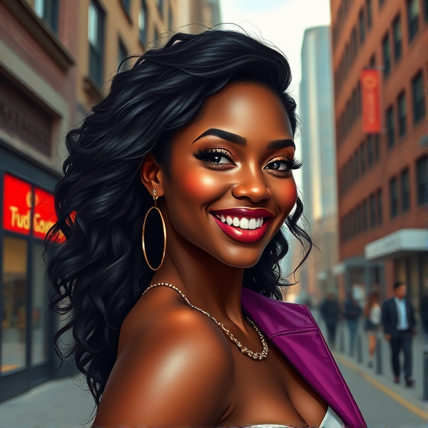 Elegant young African American woman with a vibrant smile, stylishly dressed in modern fashion, posing confidently against an urban background